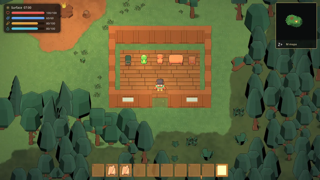 A furnished wooden house in a forest clearing