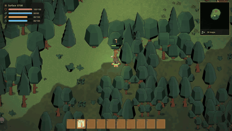 Chopping a tree with an axe, wood and saplings stacking above the hero