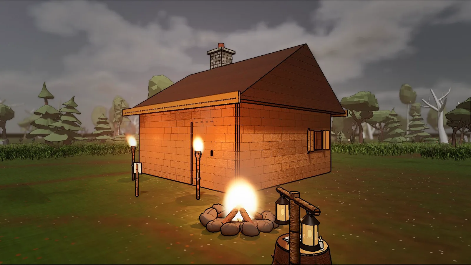A finished wooden cabin with torches at dusk